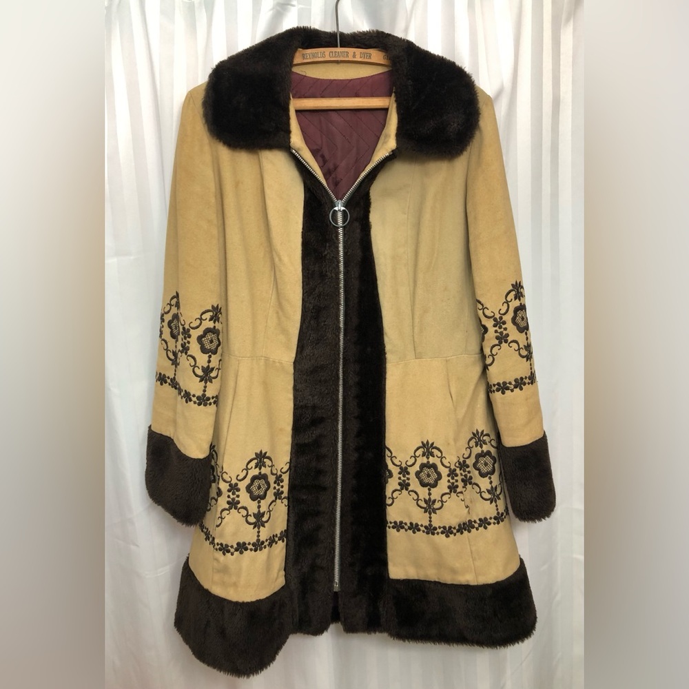 Vintage Tan and Brown Embroidered Coat with Faux Fur Trim